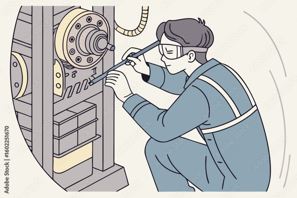 Poster skilled technician performing maintenance on machinery in a workshop setting during daytime to ensur