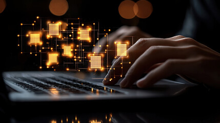 Businessman hand typing on laptop keyboard, digital data blocks and glowing network connections, technology innovation, modern workspace, futuristic concept, dark background
