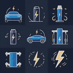 Electric car and battery icons set featuring charging stations, power symbols, and energy storage illustrations representing modern electric vehicles, clean energy, and sustainable transportation icon
