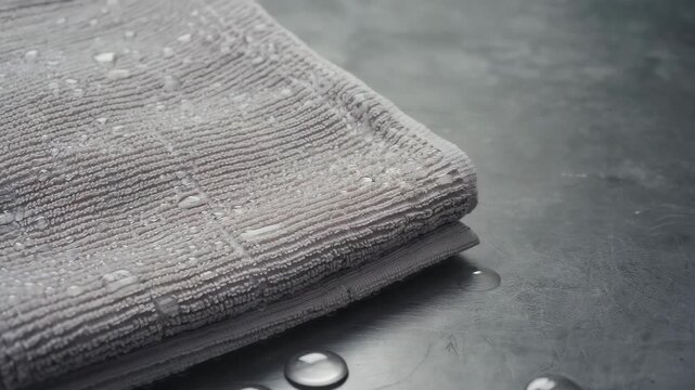 Textured Gray Towel with Water Droplets on Metallic Surface for Spa and Relaxation Themes