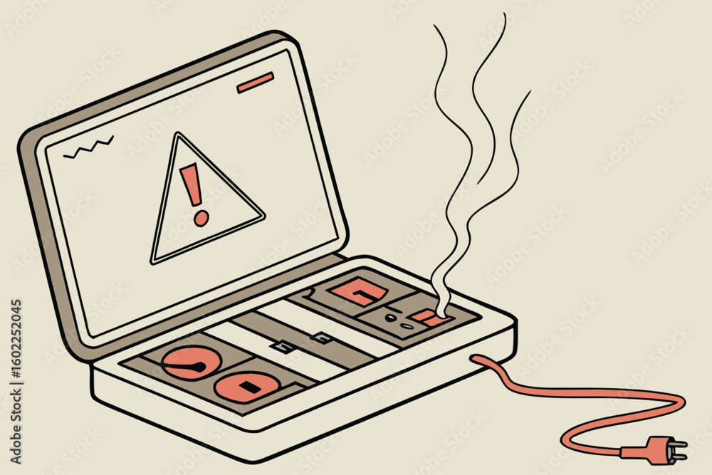 Poster computer system displaying a warning sign with smoke indicating technical failure during operation a