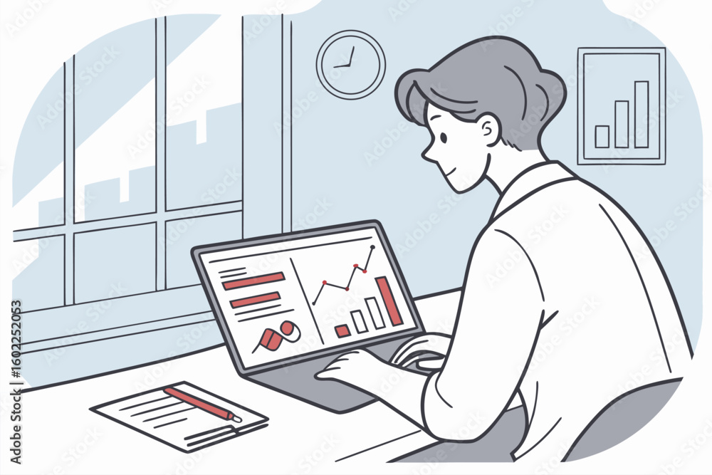 Aufkleber data analysis in a modern office with a professional reviewing graphs and charts on a laptop during 