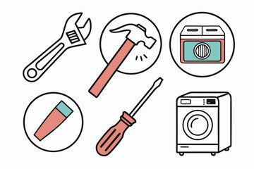Collection of essential tools for home repair and maintenance tasks displayed on a simple background featuring a wrench, hammer, screwdriver, tube, radio, and washing machine