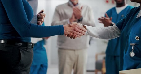 Business person, handshake and nurse in clinic for medical support, healthcare funding and applause. Hospital director, shaking hands and team for NGO deal, agreement and partnership celebration - Powered by Adobe