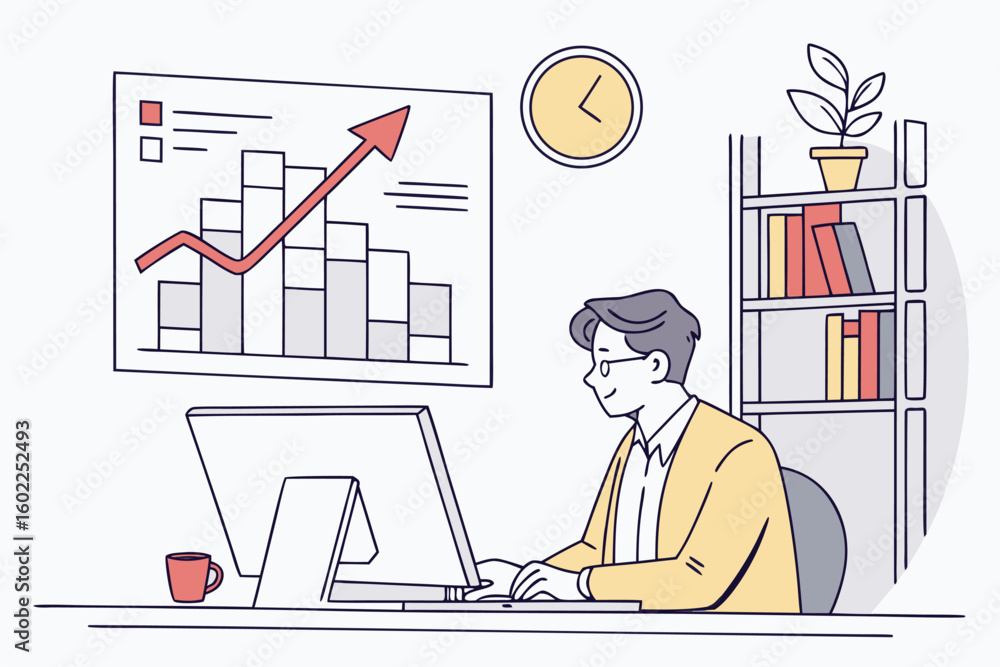 Poster professional man working at desk with computer, analyzing data trends and charts in modern office se