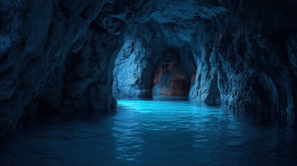 A deep blue cave with glowing water, mysterious and serene