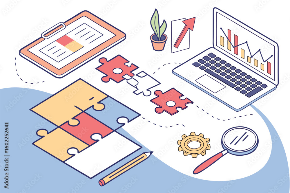Poster creative collaboration in a workspace with puzzles and charts demonstrates problem-solving strategie