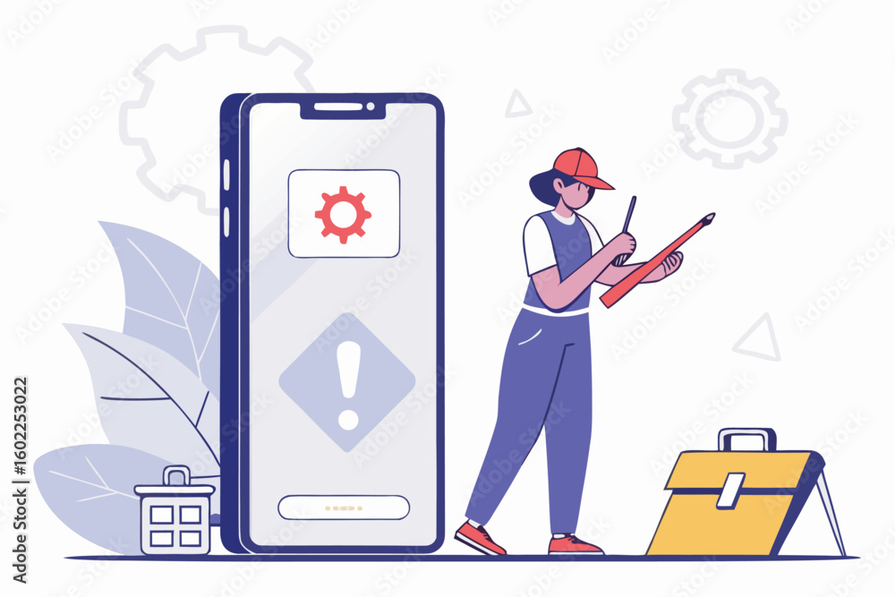 Poster person adjusting settings on a smartphone while preparing tools for a technical task in a modern wor