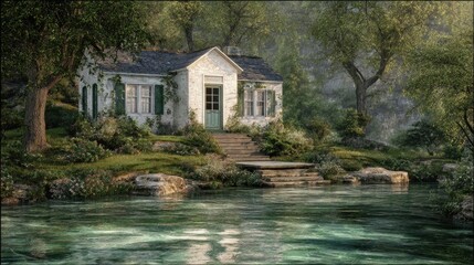 Obraz premium Serene lakeside cottage nestled amongst lush greenery and tranquil waters, bathed in soft morning light. Steps lead down to the water's edge