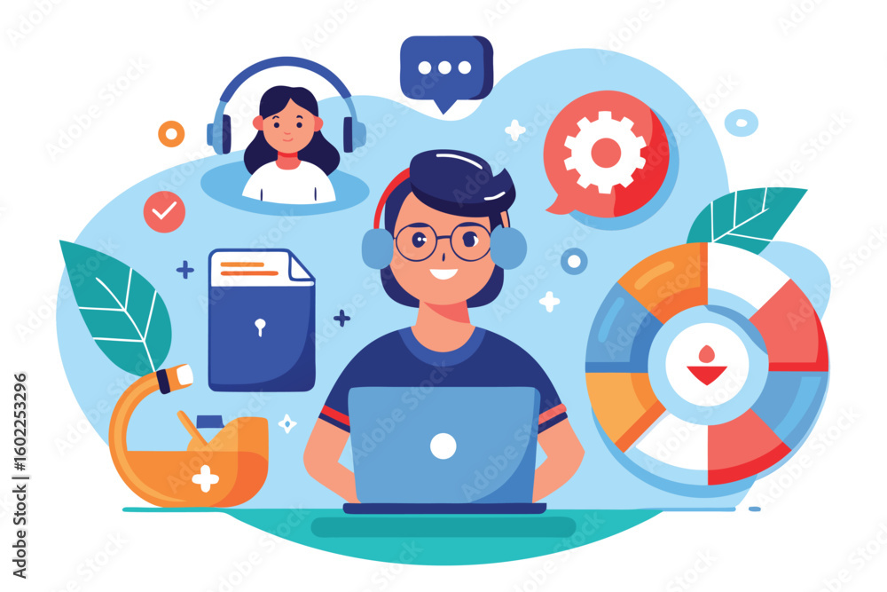 Poster creative digital workspace design featuring a young professional using a laptop while engaging in on