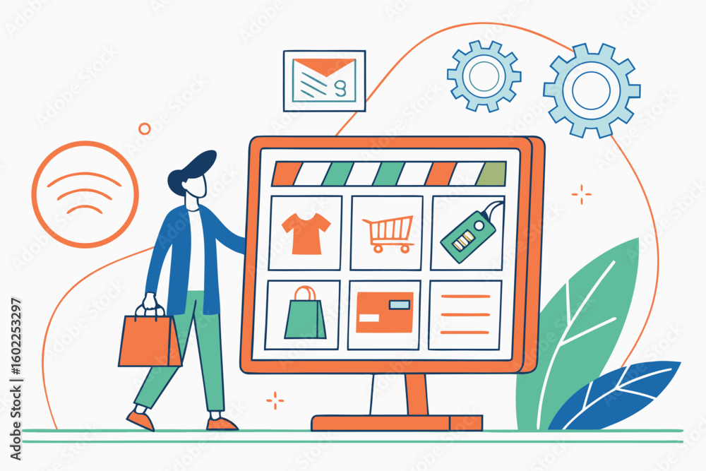 Poster e-commerce shopping experience in a digital environment showcasing various product options while a s