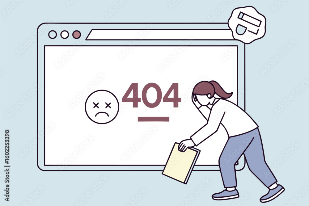 Poster website error page displaying a 404 message with a concerned person holding a file while interacting