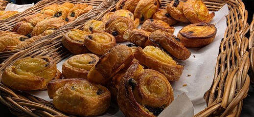 pile of puff pastry in the tray, food background