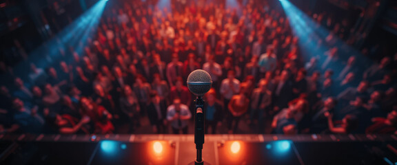 Live performance mic spotlight concert venue audience engagement nighttime stage view entertainment concept