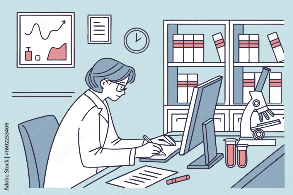Poster scientist conducts research in a modern laboratory, focused on experiments and data analysis in a we