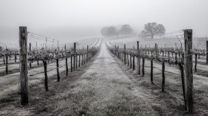 A misty gray vineyard in early morning, elegant and timeless