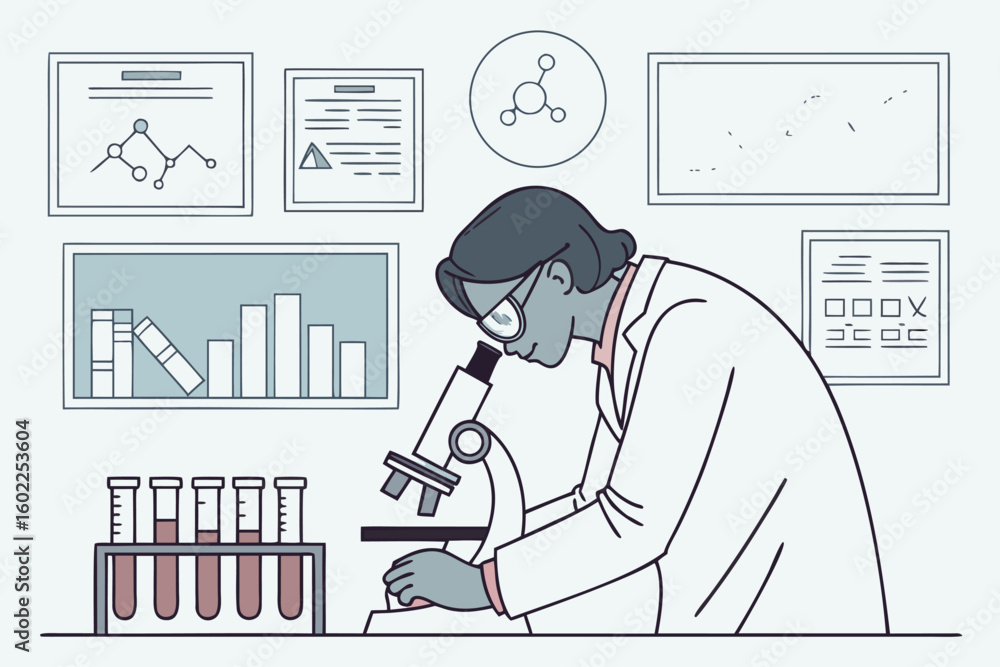 Poster scientist conducting research in a laboratory while examining samples through a microscope