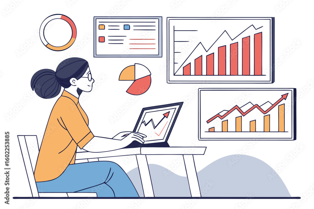 Poster professional on a computer analyzes data trends and statistics in an office environment with charts 