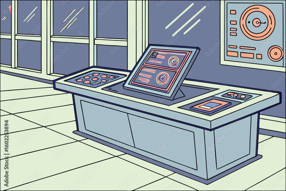 Poster control panel setup in a futuristic environment featuring interactive screens and various controls f