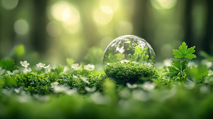 Glass sphere green moss small white flower forest sunlight nature eco sustainability growth peaceful. glass sphere rests vibrant green moss surrounded by delicate white flowers sunlit forest