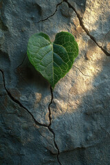 Heart shaped green leaf cracked stone sunlight nature texture growth resilience contrast organic peaceful hope environmental closeup detail outdoors fresh botanical natural beauty calm