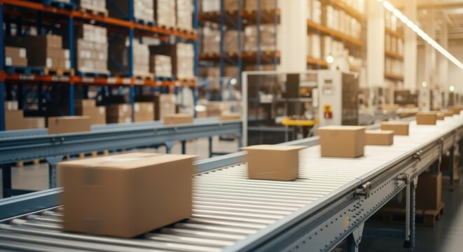 Modern fulfillment center showcasing streamlined logistics with boxes gliding along a long conveyor belt. - Powered by Adobe