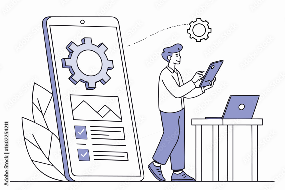Poster person engages with technology while using a tablet and standing next to a laptop in a workspace wit