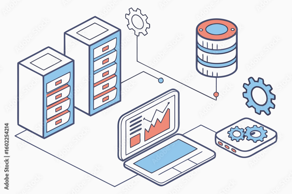Poster illustration of data management showing a laptop, servers, gears, and database with graphical data r