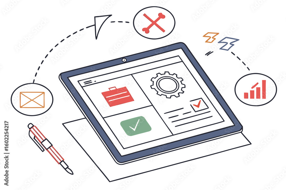 Poster digital tablet showcasing project management tools with interface icons and a pen on a flat surface 