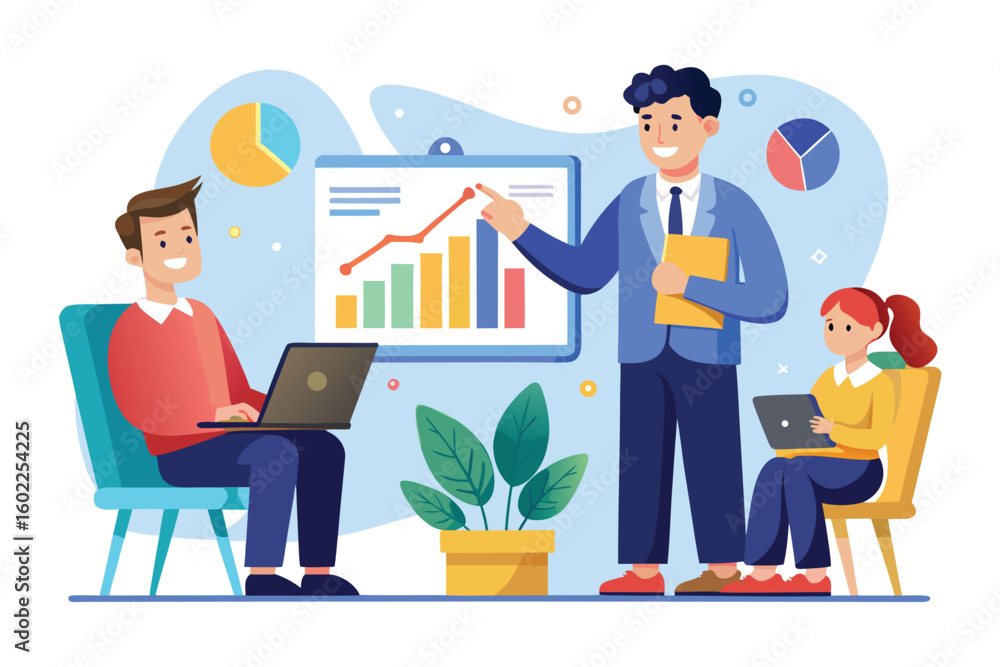 Poster business meeting with a presenter and two participants discussing charts and graphs in a modern offi
