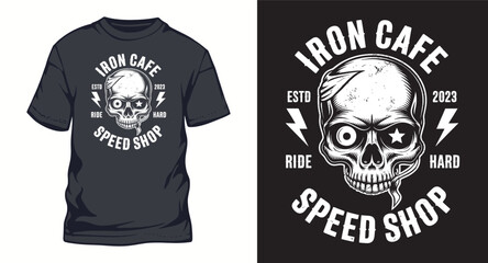Iron Cafe, Speed Shop skull head graffiti style typography t-shirt design