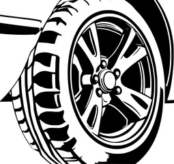 Fototapeta premium Stylish Car Wheel: A bold monochrome line art illustration showcases a detailed car wheel and tire, emphasizing its robust design and powerful aesthetic.