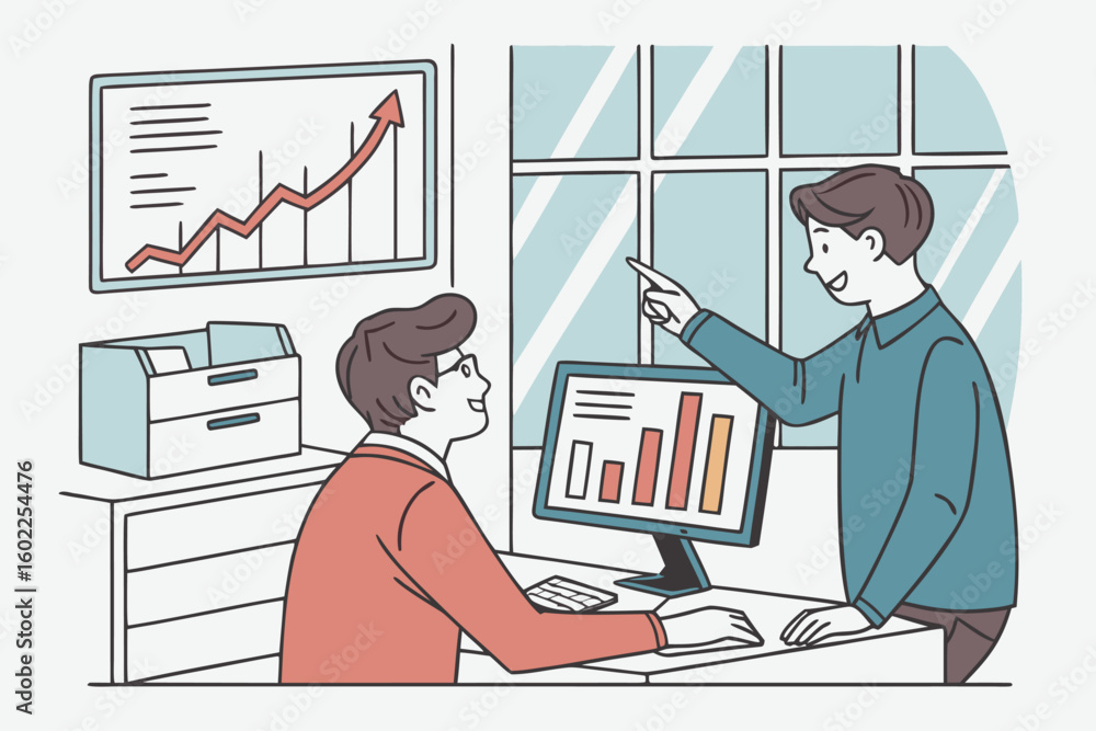 Poster two individuals discussing financial growth in an office setting with charts on the wall and a compu