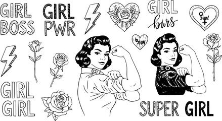 line art, girl power themed icons, including lightning bolts with "POWER" written vertically