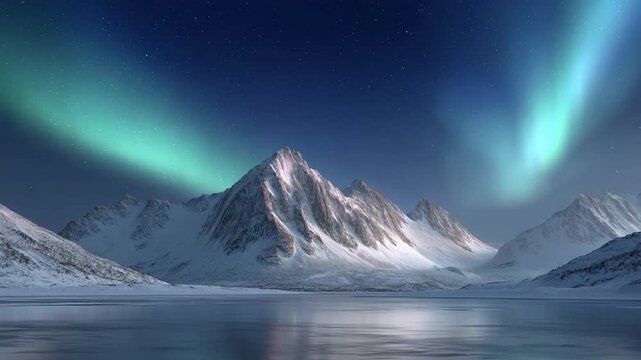 Arctic Aurora: A mesmerizing display of the aurora borealis illuminates a snow-covered mountain range reflected in a tranquil lake, showcasing the stunning beauty of the arctic landscape.