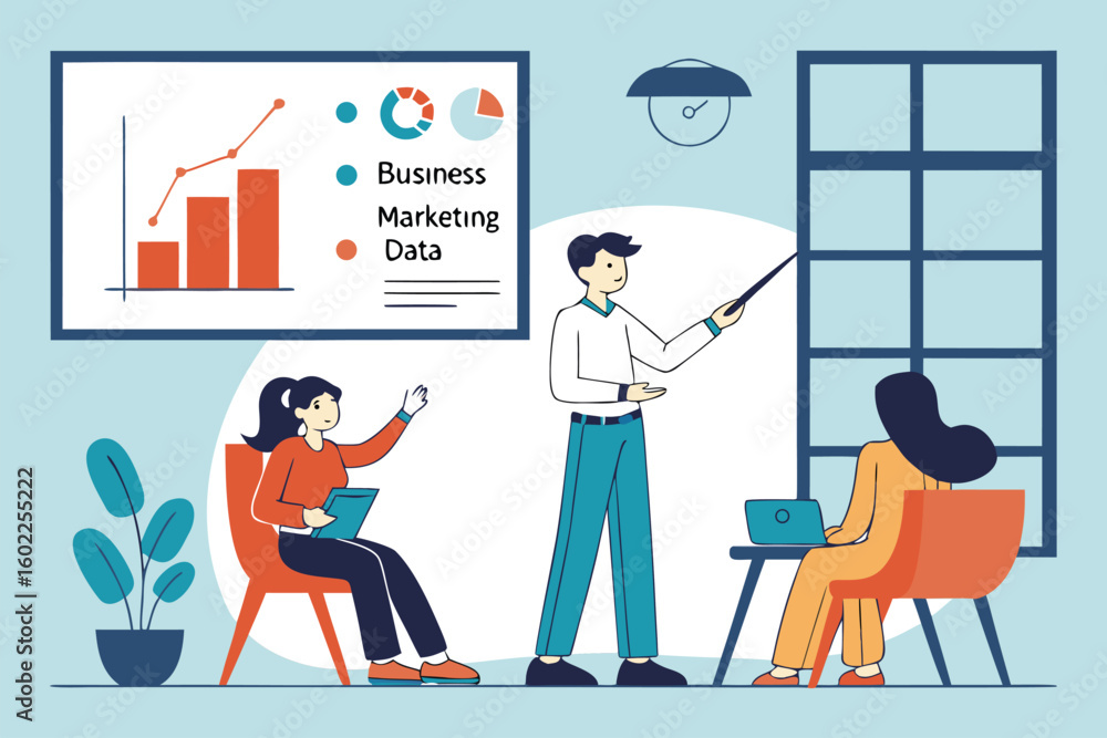 Poster business meeting focused on marketing data analysis in a modern office setting with team members dis