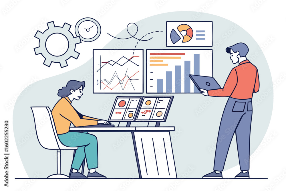 Poster data analysts collaborating at a workspace with multiple screens displaying charts and graphs, focus