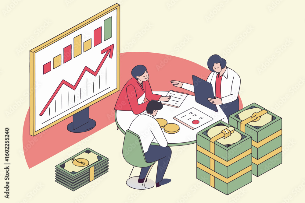 Poster business team analyzing data and discussing financial strategies in a modern office environment with