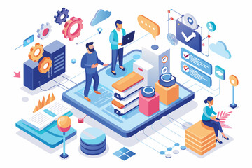 Obraz premium Digital workspace illustration depicting teamwork, technology, and productivity in a modern office environment