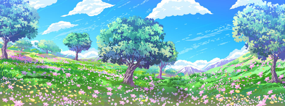 Clear blue sky dotted with clouds, towering mountains, blooming meadow and rare trees. Summer landscape.