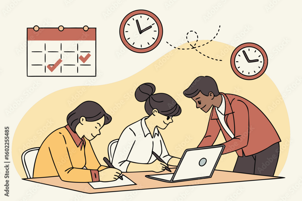 Poster team collaborates on project planning in a modern office setting during the afternoon, focusing on d