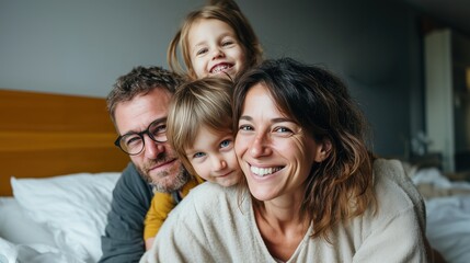 Famille heureuse avec deux enfants calinant sur un lit, moment tendre