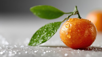 Fototapeta na wymiar Orange fraiche avec gouttes d'eau et feuilles vertes sur fond blanc