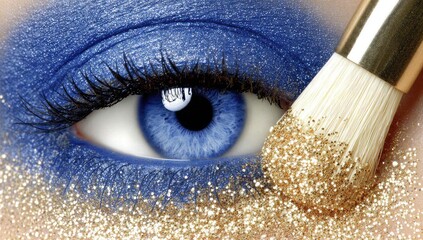 Close-up of a woman's eye with vibrant blue eyeshadow and golden glitter. A makeup brush applies more glitter