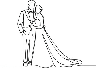 Elegant line drawing of a bride and groom embracing on their wedding day