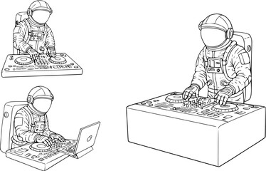 vector astronaut at dj console black lines on white background .Generative AI
