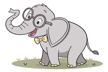 Obraz premium Cute cartoon elephant wearing glasses and a bow tie stands smiling on grass with a joyful expression in a sunny environment