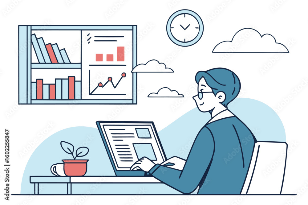 Poster professional working at a desk with laptop, analyzing data and creating reports in a modern office s