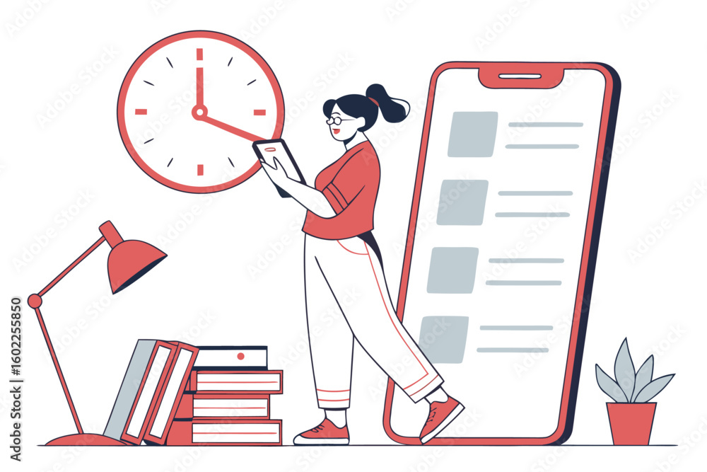 Poster woman checking time on her phone while standing next to a stack of books and a lamp in a modern work