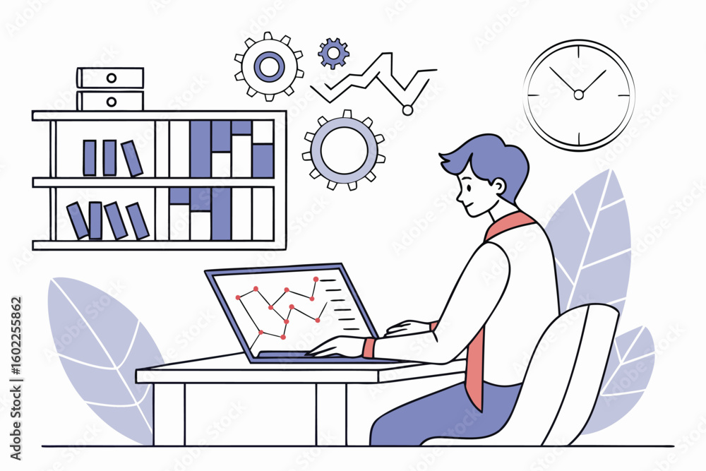 Poster office worker analyzing data on a laptop while surrounded by charts and gears in a minimalist worksp